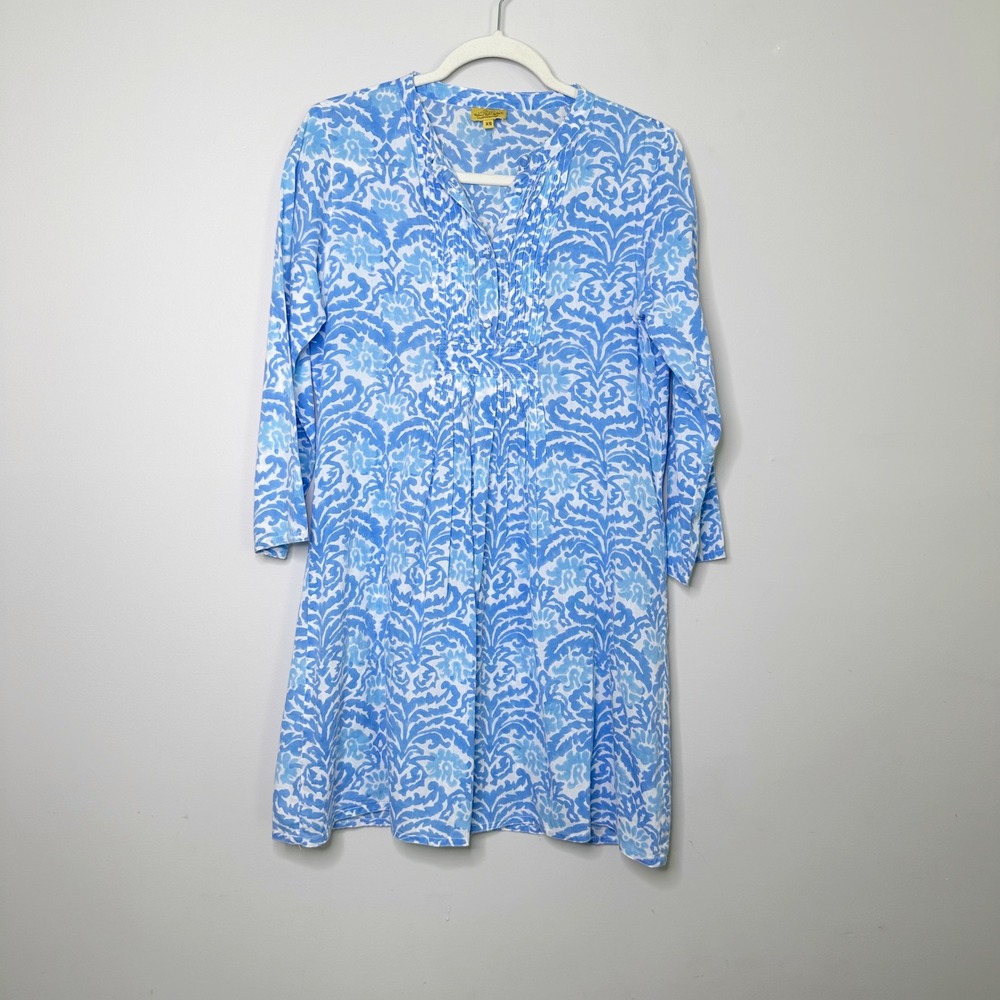 Roberta Roller Rabbit Tunic Dress Womens XS Blue Excellent Pintuck Block Print